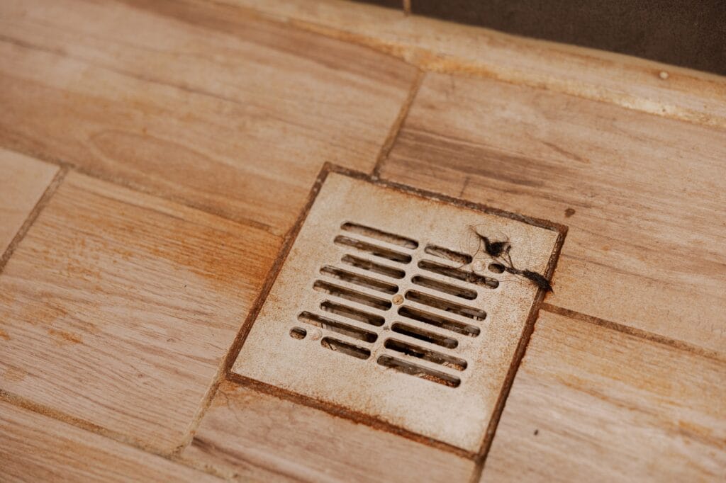 Clogged shower drain with rust stains and hair, highlighting common plumbing issues and the importance of maintenance tips for homeowners.