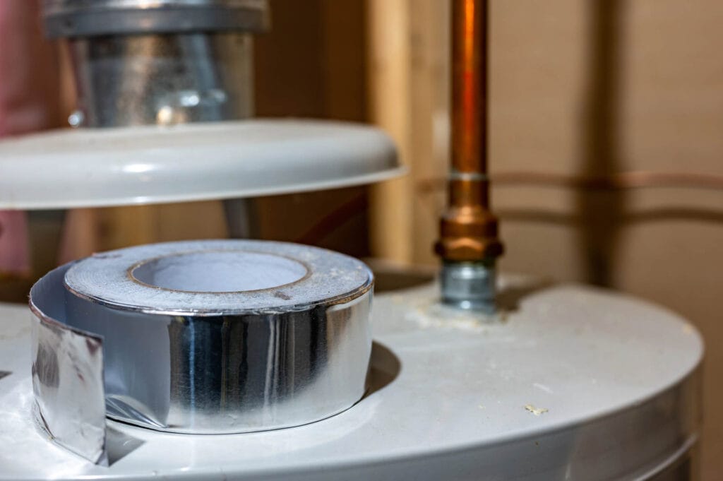 Toilet Repair & Installation 6 A metallic duct tape roll rests on top of a white hot water heater, ready for a quick water heater repair, with visible copper piping and vent adding to the scene.