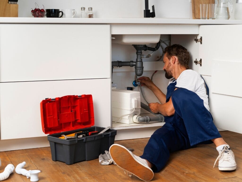 Plumber inspecting pipes under a kitchen sink with tools and a toolbox, addressing potential low water pressure issues.