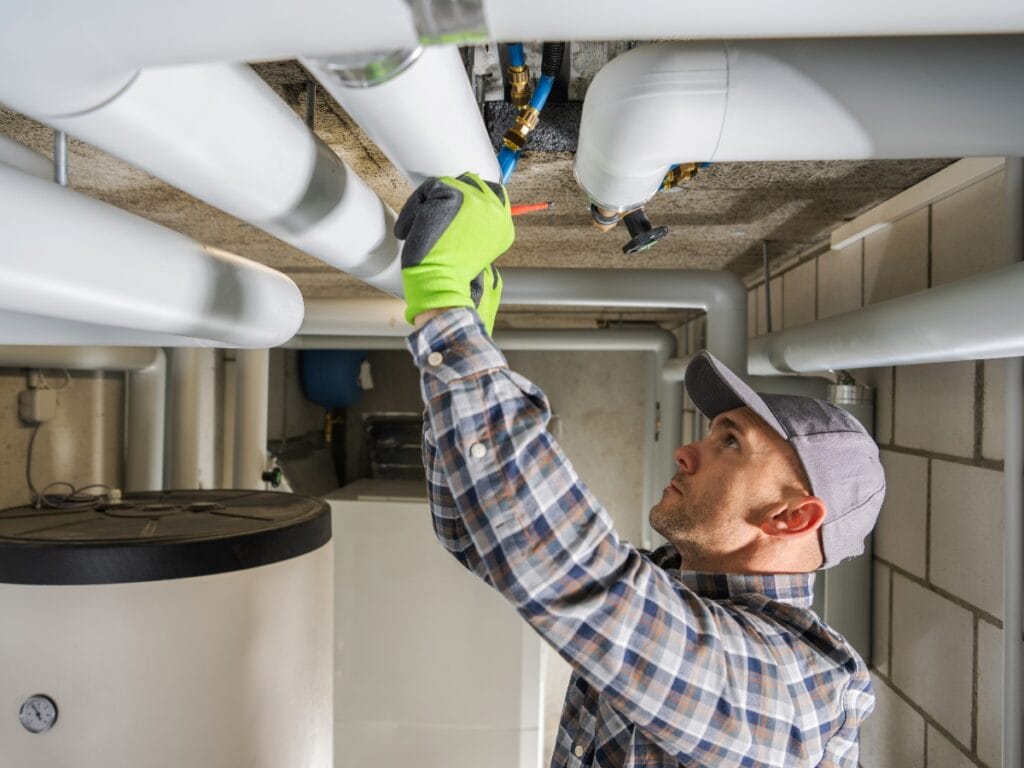 Plumber inspecting plumbing pipes in a basement, focusing on pressure systems for low water pressure solutions in residential settings.