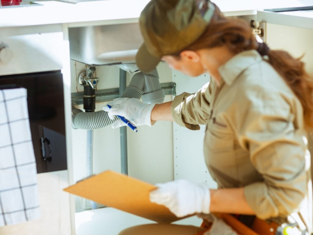 Plumber inspecting under kitchen sink for hidden water leaks, holding a clipboard and using a pen, emphasizing routine plumbing checks for homeowners.