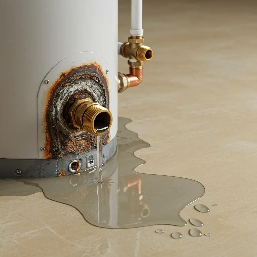 Close-up of a rusty water heater with visible leaks, illustrating common failure indicators