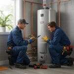 Modern water heater installation with technician inspecting unit, emphasizing repair and replacement expertise