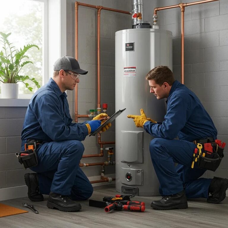 Modern water heater installation with technician inspecting unit, emphasizing repair and replacement expertise