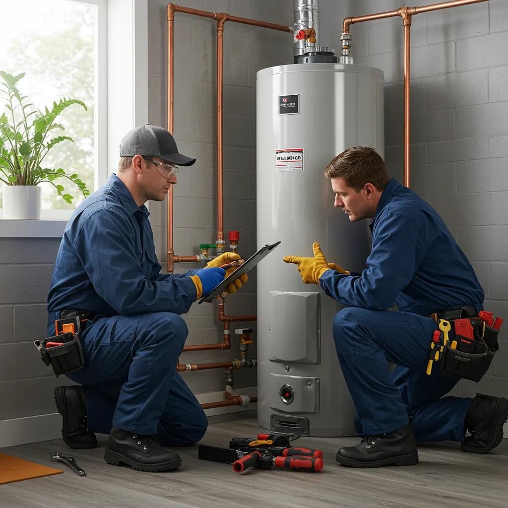 Modern water heater installation with technician inspecting unit, emphasizing repair and replacement expertise