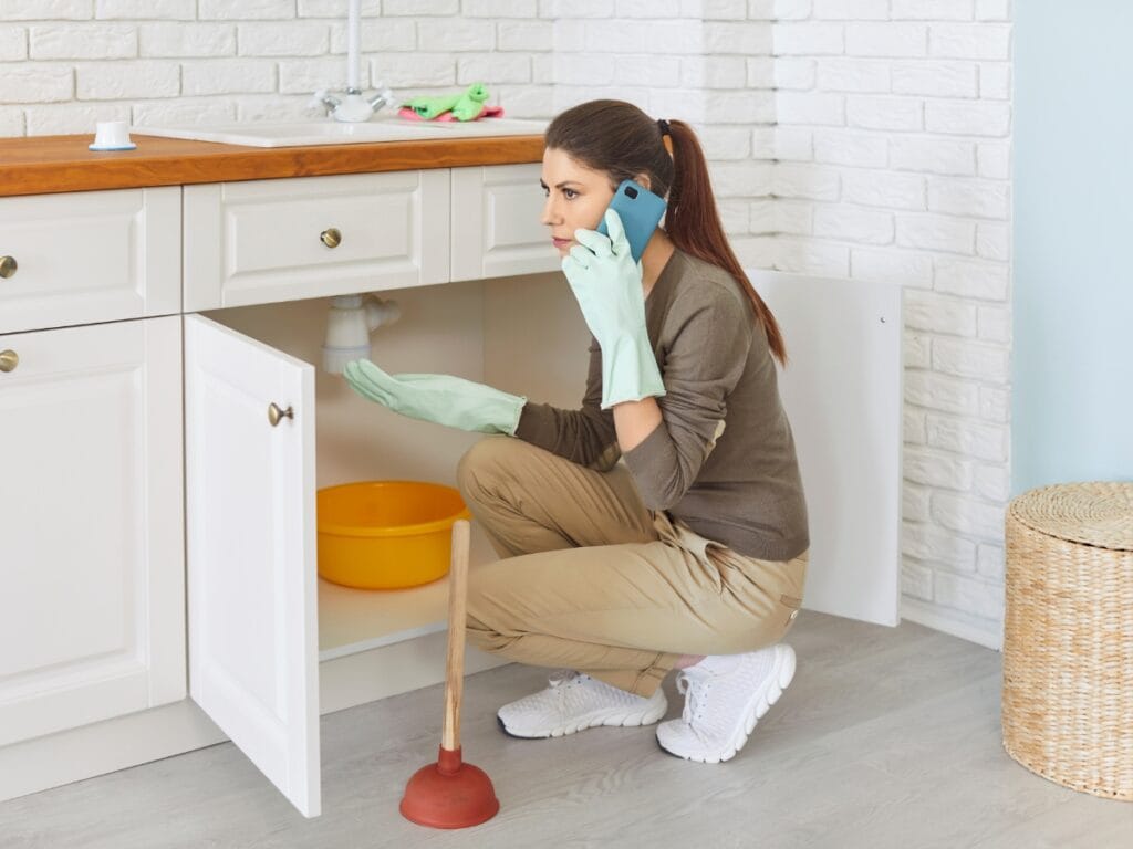 A woman wearing gloves is on the phone while inspecting pipes under a kitchen sink, with a plunger and a bucket nearby, likely seeking advice on how to stop drain clogs.