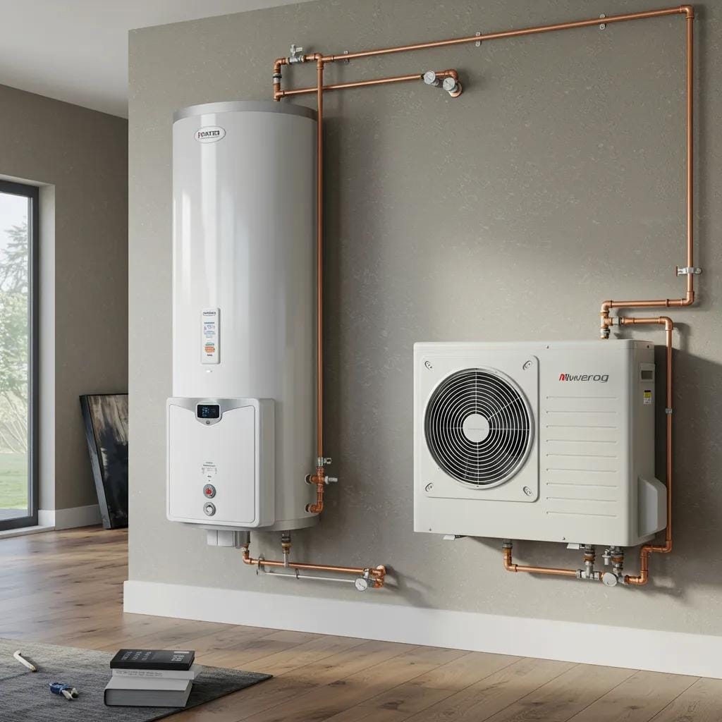 Modern tankless and heat pump water heaters installed in a home, showcasing advanced technology and energy efficiency