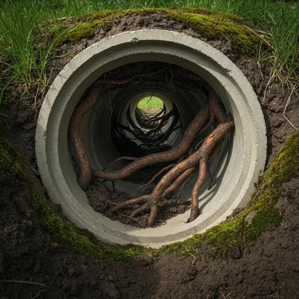 Common Plumbing Problems in Old Houses and How to Solve Them 8 Sewer pipe damaged by tree roots, showing common issues in older properties