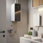 Modern tankless water heater in a stylish utility room, highlighting energy efficiency and compact design